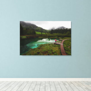 Red umbrella green lake canvas print