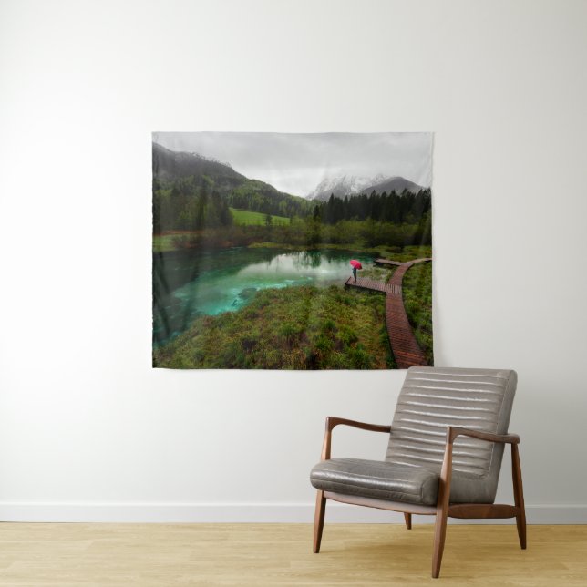 Red umbrella green lake tapestry (In Situ (Horizontal))