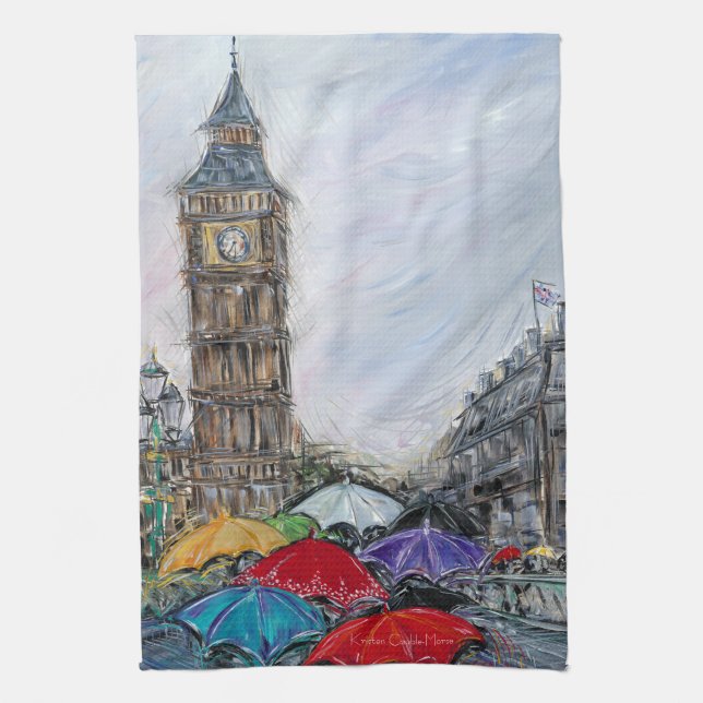 Red Umbrella in London Tea Towel (Vertical)