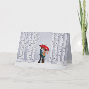Red Umbrella In the Snow Couple Valentines Holiday Card