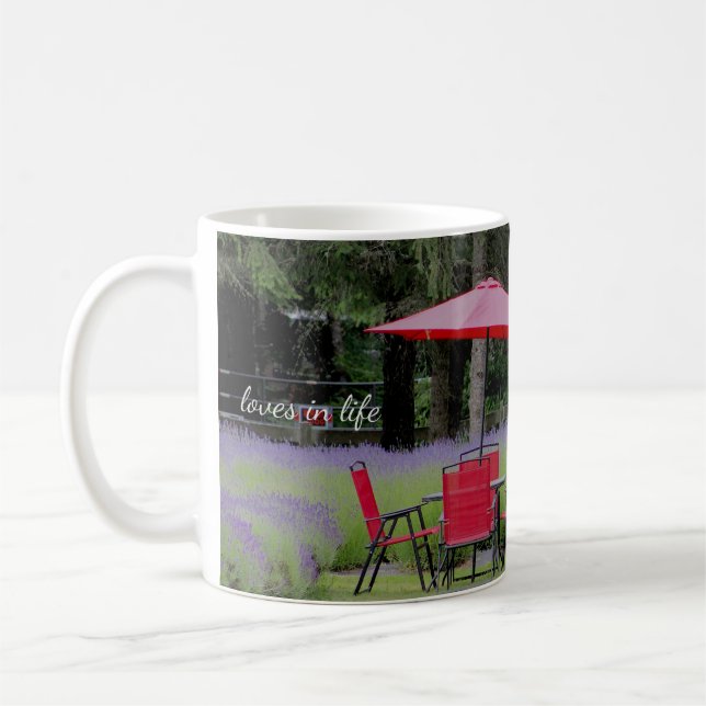 Red Umbrella & Lavender Garden Coffee Mug (Left)