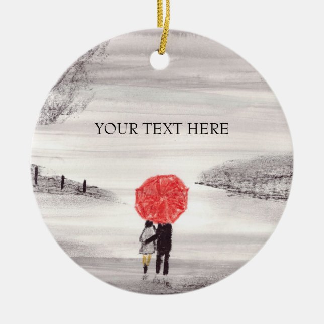 Red umbrella love couple postcard ceramic tree decoration (Front)