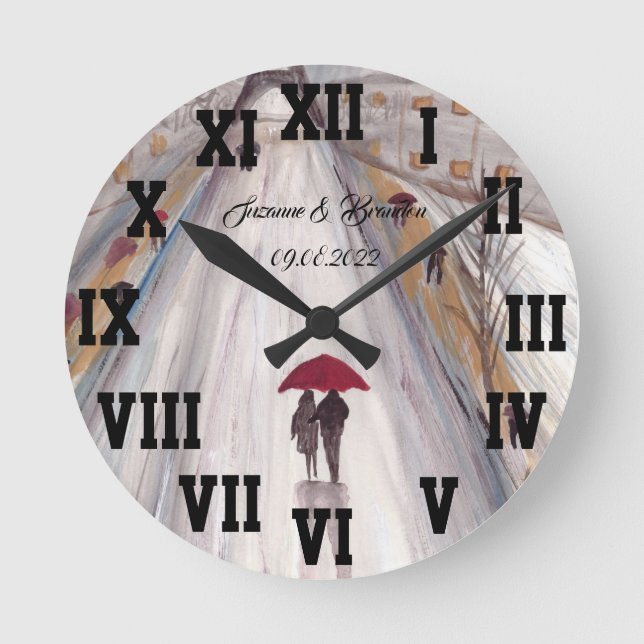 Red umbrella Love Couple Roman Numbers Wedding Rou Round Clock (Front)