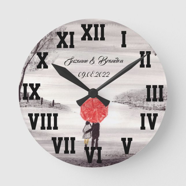Red umbrella Love Couple Roman Numbers Wedding Round Clock (Front)