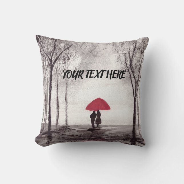 Red umbrella love couple round clock cushion (Front)