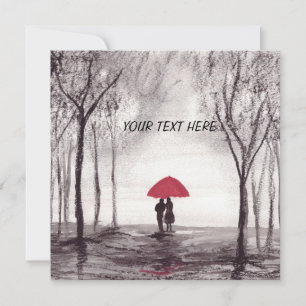 Red umbrella love couple round clock invitation