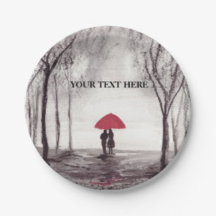 Red umbrella love couple round clock paper plate