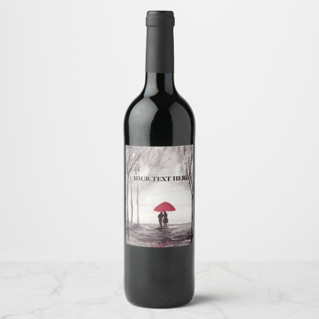 Red umbrella love couple round clock wine label (Front)