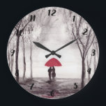 Red umbrella love couple rustic romantic vintage large clock<br><div class="desc">Red umbrella watercolour painting. Love couple with red umbrella. Beautifully handpainted artwork by myself. Perfect for a bride,  girlfriend,  wife. Wedding anniversary gift. Valentine’s Day present.You can add the name and date above by clicking: customise further”. If you need any help please send me a message.</div>