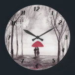 Red umbrella love couple rustic romantic vintage large clock<br><div class="desc">Red umbrella watercolour painting. Love couple with red umbrella. Beautifully handpainted artwork by myself. Perfect for a bride,  girlfriend,  wife. Wedding anniversary gift. Valentine’s Day present.You can add the name and date above by clicking: customise further”. If you need any help please send me a message.</div>