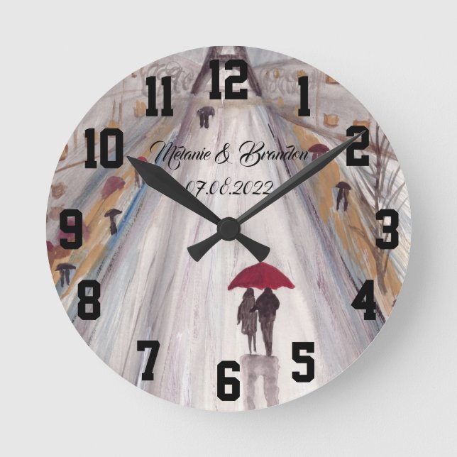Red umbrella Love couple rustic romantic Wedding Round Clock (Front)