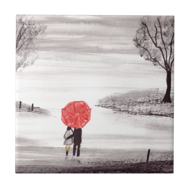 Red umbrella love couple rustic vintage wedding tile (Front)