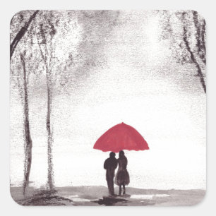 Red umbrella love couple square sticker