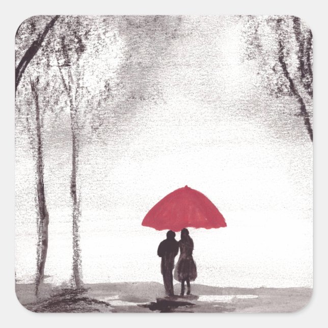Red umbrella love couple square sticker (Front)