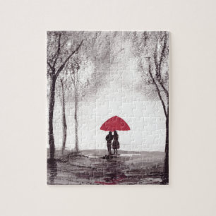 Red umbrella love couple watercolor black jigsaw puzzle