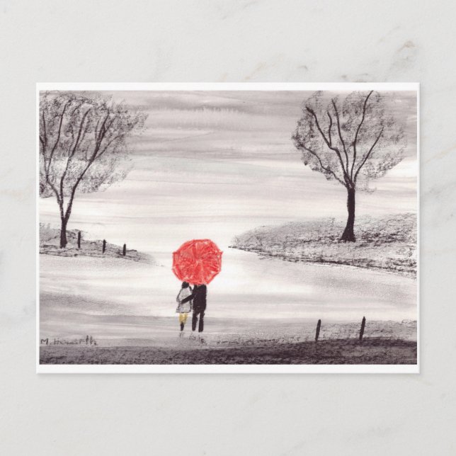 Red umbrella love couple watercolor wedding  postcard (Front)