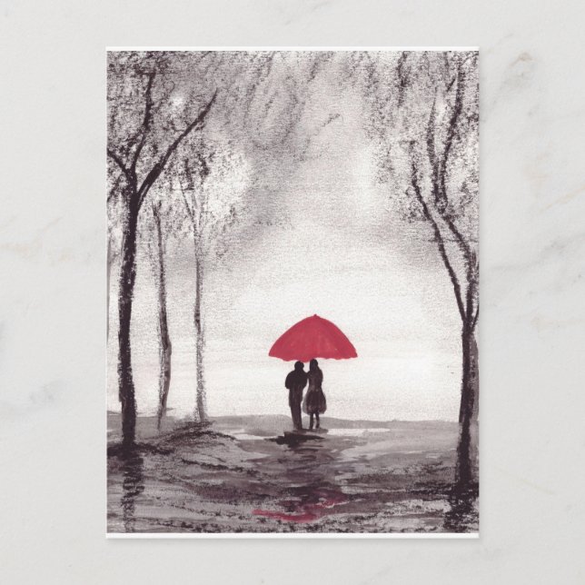 Red umbrella love couple wedding anniversary postcard (Front)