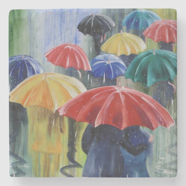 Red umbrella Rainbow umbrellas in rain painting Stone Coaster (Front)