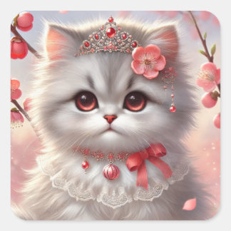 Red Ume Plum Blossom Princess Cat Square Sticker