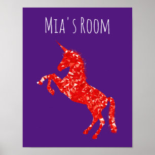 Red Unicorn mystical creature kid's name bedroom Poster
