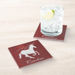 Red Unicorn Personalised Glass Coaster