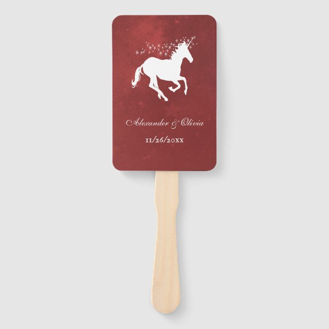 Red Unicorn Wedding Favour Hand Fan (Front)