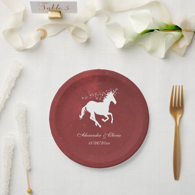 Red Unicorn Wedding Paper Plate (Wedding)