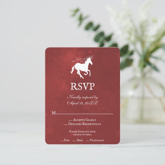 Red Unicorn Wedding RSVP Card (Standing Front)