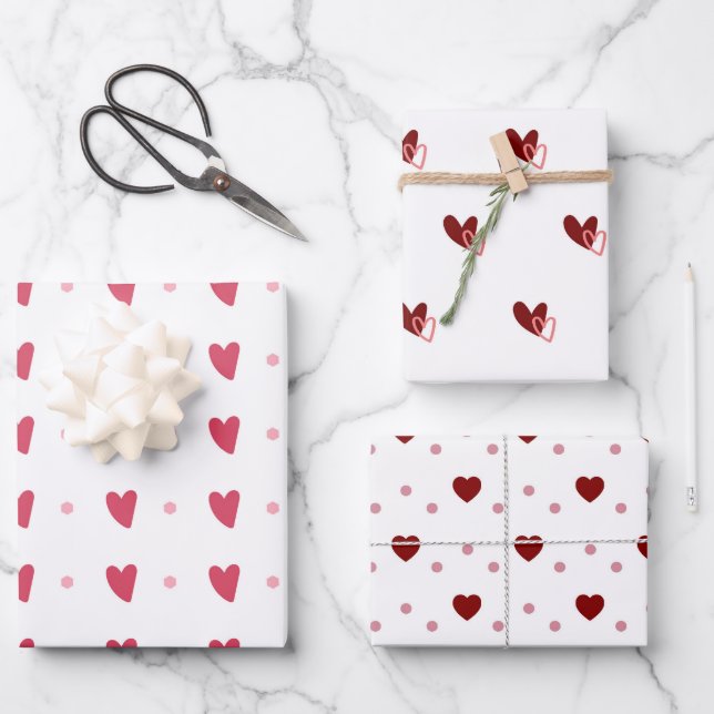 Red Valentine Hearts on White Wrapping Paper Sheet (Front)