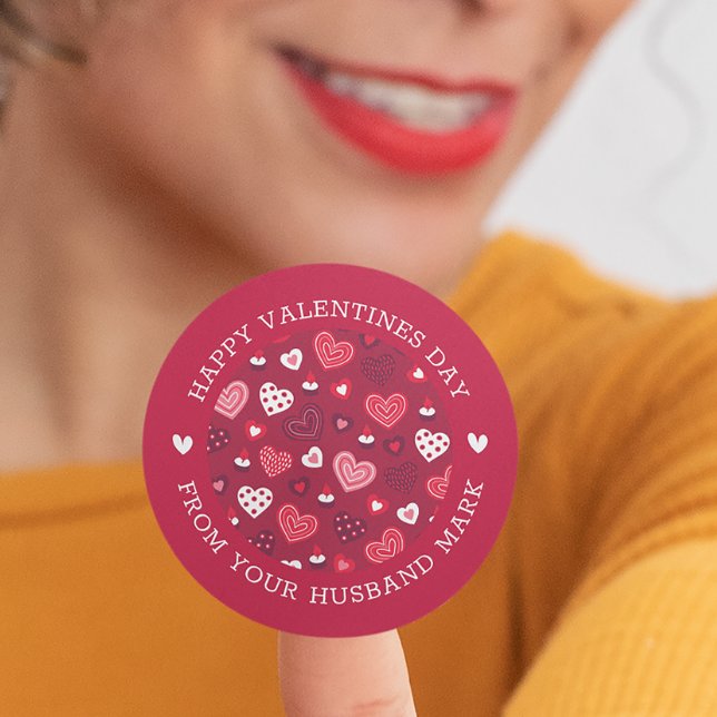 Red Valentine hearts pattern Classic Round Sticker (Creator Uploaded)