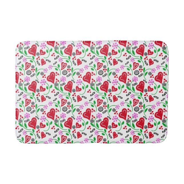 Red Valentine Hearts Pink Flowers Bath Mat (Front)