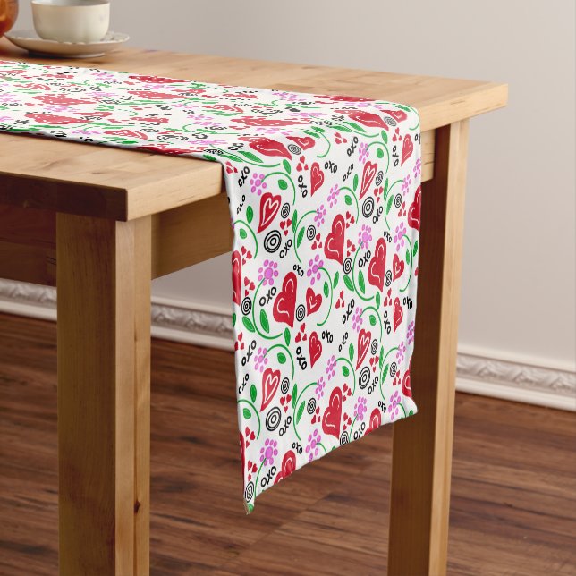 Red Valentine Hearts Pink Flowers Table Runner (In Situ)