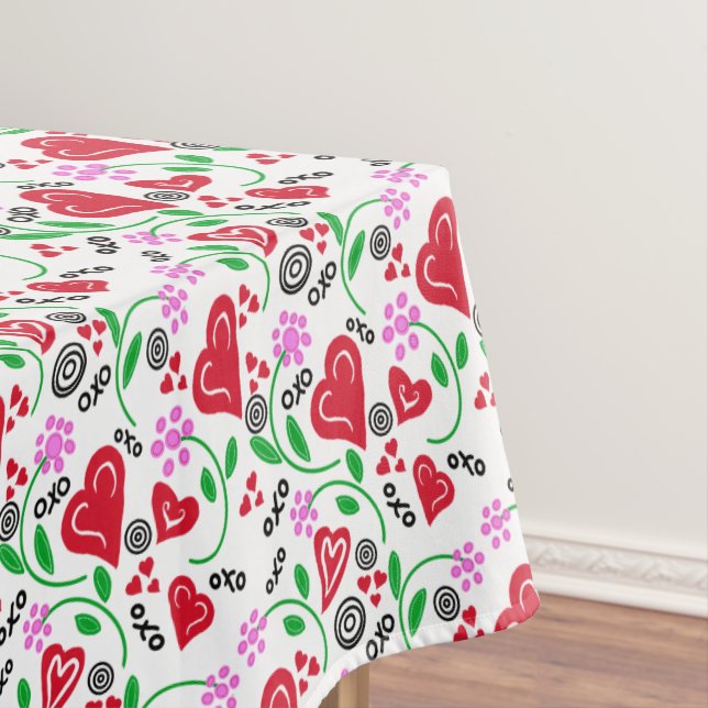 Red Valentine Hearts Pink Flowers Tablecloth (In Situ)