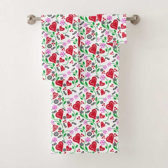 Red Valentine Hearts Pink Flowers Towel (Insitu)