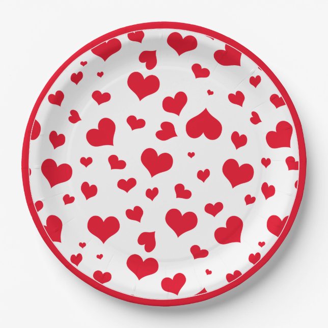 Red Valentine Hearts Random Scattered Pattern Paper Plate (Front)