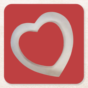 Red Valentine square Tag with white 3D heart Paper Coaster