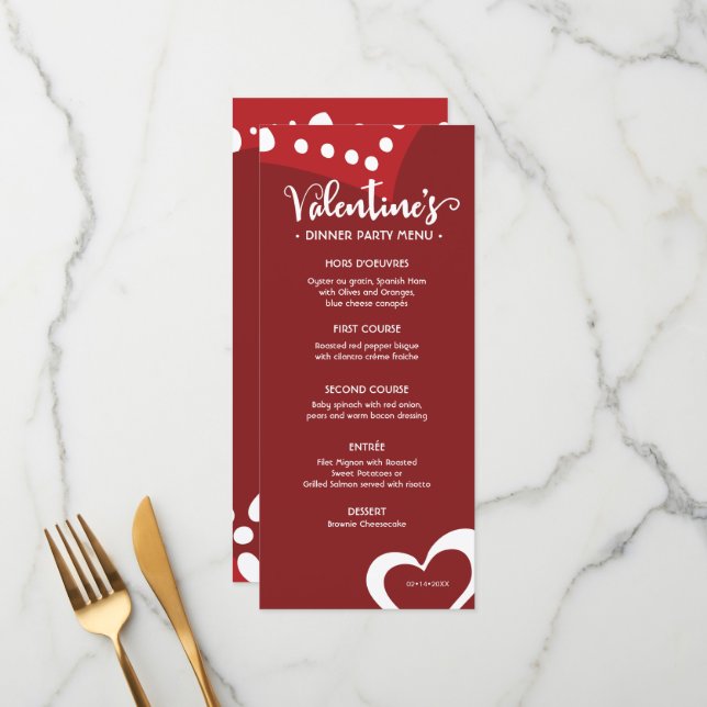Red Valentine's day Hearts Custom dinner party  Menu (Front/Back In Situ)