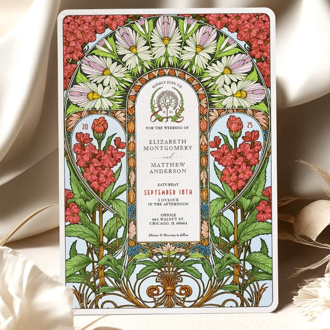 Red Valerian & White Daisy Art Nouveau Wedding Invitation (Creator Uploaded)