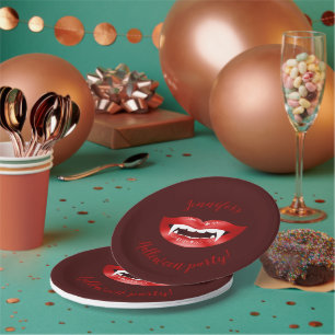 Red Vampire Mouth With Custom Halloween Party Text Paper Plate