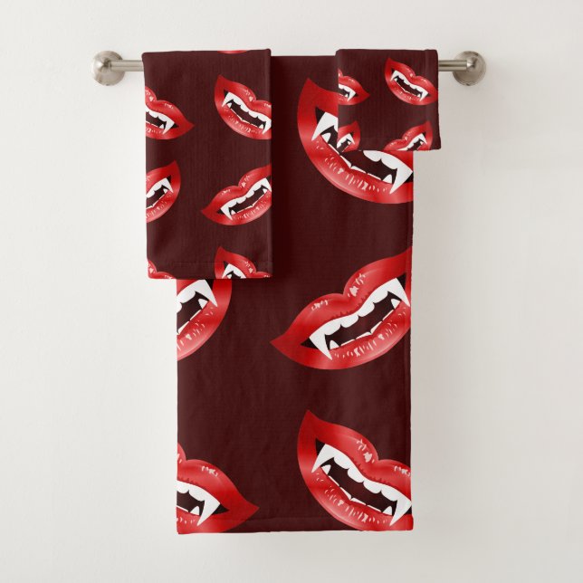Red Vampire Mouths Pattern Bath Towel Set (Insitu)
