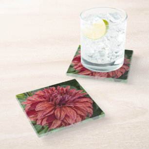 Red Variegated Dahlia Bloom Floral Glass Coaster