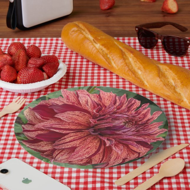Red Variegated Dahlia Bloom Floral Paper Plate (Picnic)