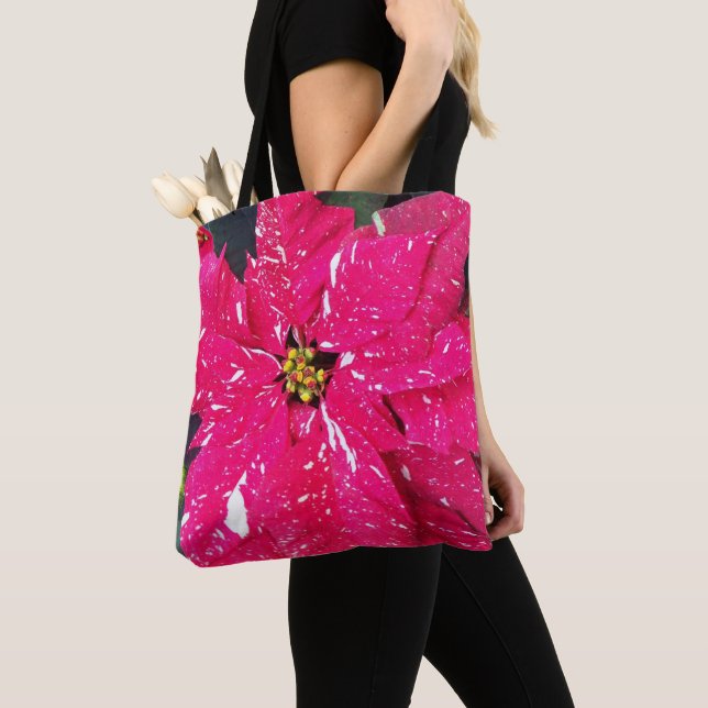 Red Variegated Poinsettia Holiday Tote Bag (Close Up)