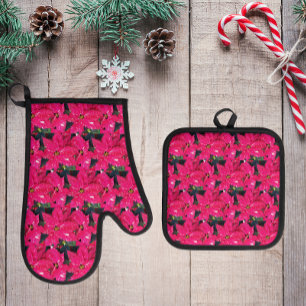Red Variegated Poinsettia Pattern Holiday Oven Mitt & Pot Holder Set
