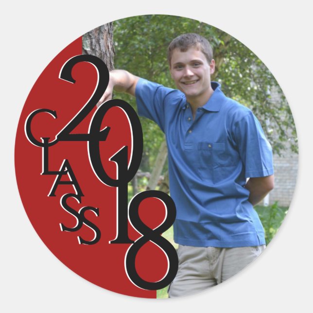 Red Varsity 2018 Graduation Class with Photo Classic Round Sticker (Front)