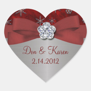 Red Velour & Silver Snowflakes Heart Sticker
