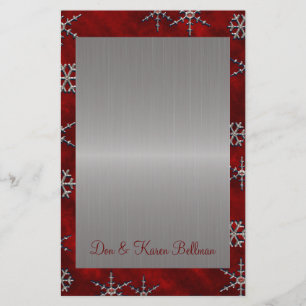 Red Velour & Silver Snowflakes Stationery