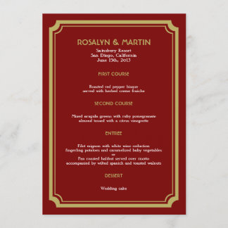 Red velvet art deco retro wedding menu card