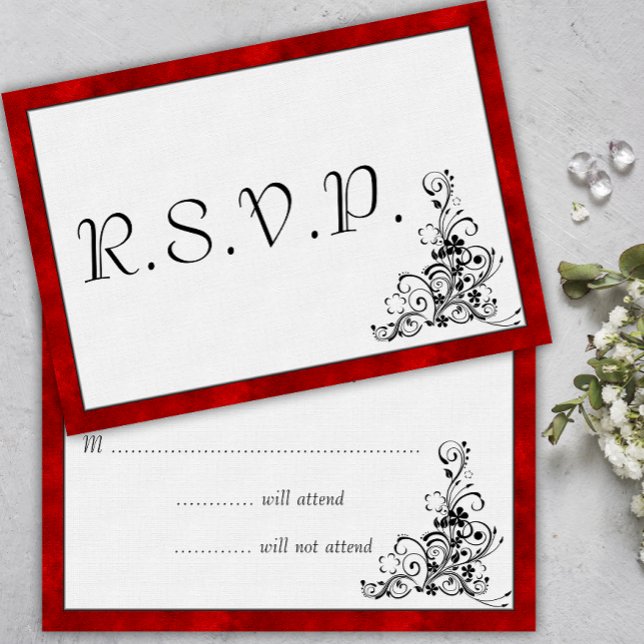 Red Velvet, Black Flourish Wedding RSVP Card (Creator Uploaded)