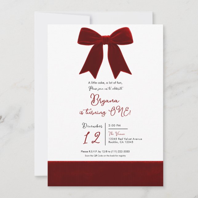 Red Velvet Bow Elegant Posh 1st Birthday Invitation (Front)
